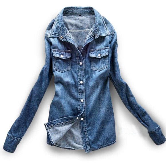 Women's Denim Shirt Cotton Long Sleeve Slim Fit Double Pockets Casual Work